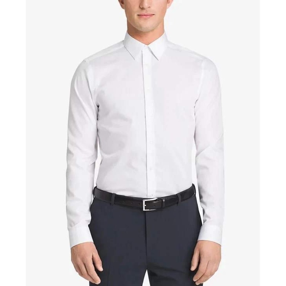 NWT Calvin Klein Dress Shirt Men's M 15.5 White Herringbone Steel+ Regular